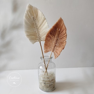 Pode incluir: Um vaso de vidro transparente com a palavra "Storage" impressa, segurando duas hastes decorativas em forma de pena. Uma haste é creme, a outra é marrom quente. O vaso contém um leito de material vegetal seco.