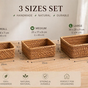 May include: A set of three rectangular woven baskets in varying sizes. The small basket is 20 cm long, 14 cm wide, and 7 cm high. The medium basket is 25 cm long, 17 cm wide, and 8 cm high. The large basket is 30 cm long, 20 cm wide, and 9 cm high.