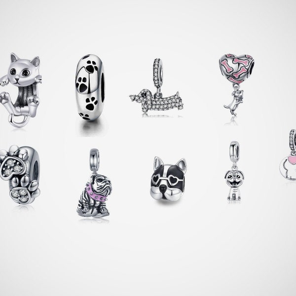 925 sterling silver cute cat beads, cute cat charms, kitten charms, dog cute charms, dog beads, Labrador puppy, bulldog, cat charms, pandora