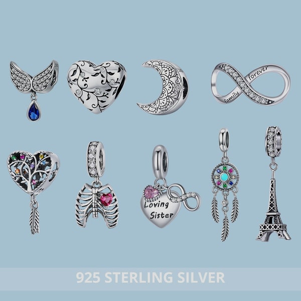 925 Sterling Silber Traumfänger, Herz, Liebe, Mond, Kätzchen, Eiffel, Meerjungfrau, Blume, Engel, Charms, Perlen, Glücksbringer, Pandora