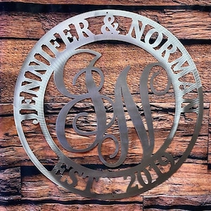 Monograma de 2 letras, Letrero metálico con nombre personalizado, Regalo de inauguración de la casa, Letrero metálico con monograma, Colgador de puerta, Arte mural metálico, Regalo de boda
