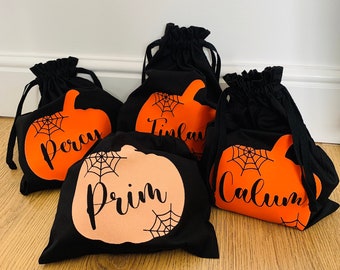 Personalised Pumpkin Loot Bag, Halloween Sack, Pumpkin Treats, Trick or Treat, Mini Sweet Bag, Organic Cotton Bag, Goodie Bag