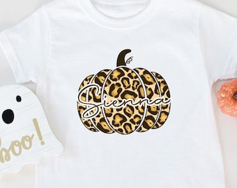 Personalised Leopard Print Pumpkin Tshirt; Halloween Tshirt