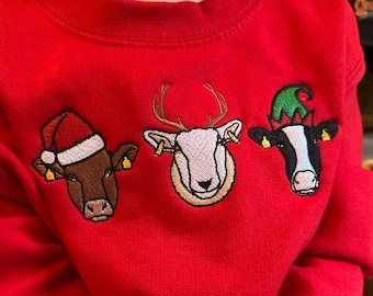 Kids & Adults Matching Christmas Sweatshirt Embroidered With 3 Animal Santa Hat Design