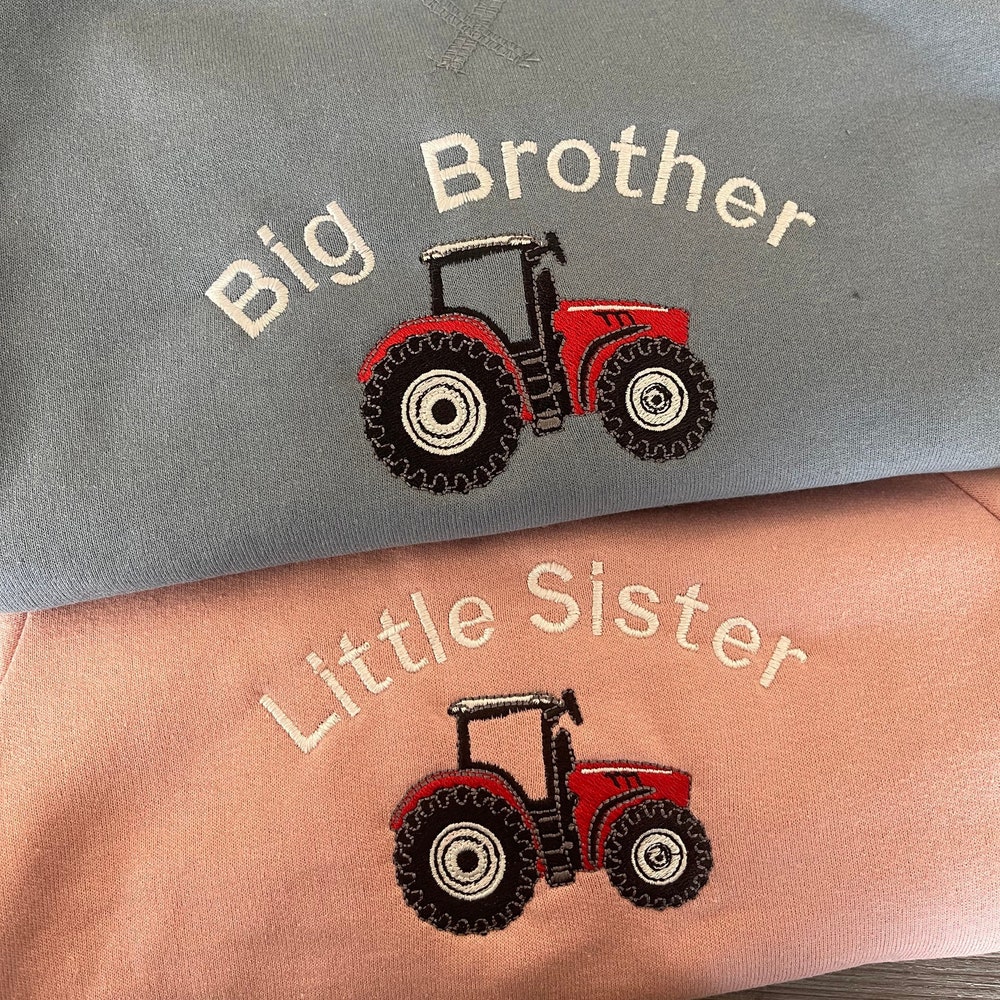 Kids Sustainable Sweatshirt Embroidered With Big/Little Sibling Tractor Design