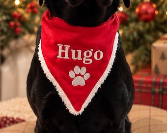 Personalised Christmas Dog Bandana, Embroidered Dog Name & Paw Print, Red Festive Pet Bandana, Christmas Gift for Dogs