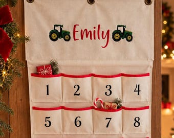 Personalised Farm Advent Calendar | Embroidered Tractor Christmas Countdown | Kids Reusable Fabric Advent Calendar | Farm Christmas Gift