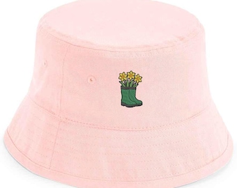 Cute Wellies & Flowers Bucket Hat – Embroidered Garden Girl Hat | Farmcore Cottage Aesthetic | Gift for Plant Lovers | Adults and Kids