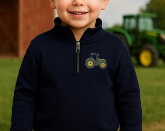 Kids 1/4 Zip Sweatshirt – Embroidered Tractor or Animal Pullover, Farm Toddler Outfit, Boys & Girls Fall Clothes