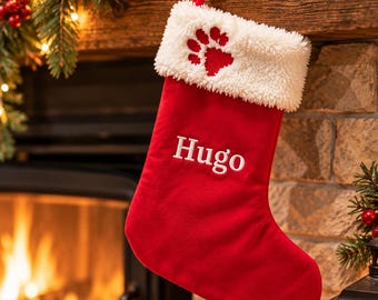 Personalised Dog Christmas Stocking, Embroidered Pet Stocking with Name, Puppy Christmas Gift, Dog Treat Stocking, Red Xmas Stocking