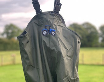 Kid's Waterproof Bib & Brace Embroidered With Tractor Design