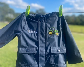 Personalised Kids Rain Jacket With Embroidered Tractor