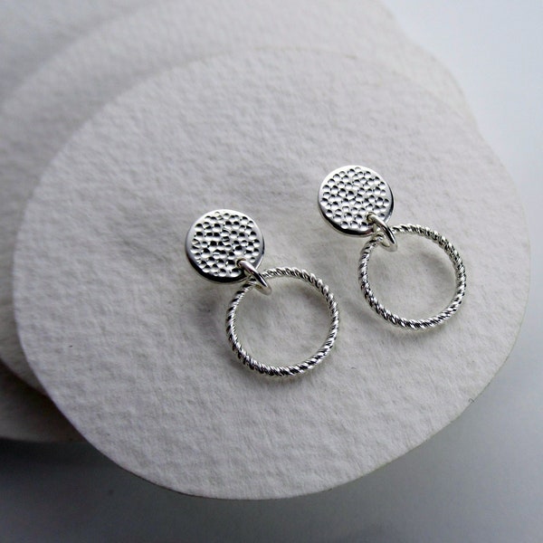 Tiny silver dangle stud earrings, Keeping faith style hammered round drop studs, Handmade disc and circle gift studs
