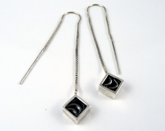 Silver threader earrings with oxidised corrugated squares, Long chain pull through earrings, Designer ear threaders