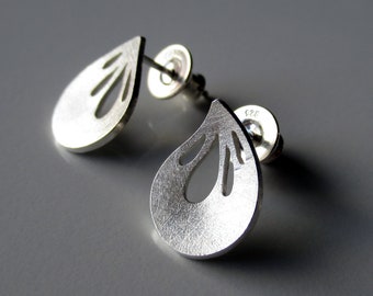 Handmade silver floral stud earrings, Designer hand pierced post earrings, Scratched matt finish studs for a gift