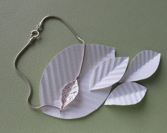 Silver leaf bracelet, Classic handmade corrugated leaf and snake chain bracelet, Affordable everyday gift for her