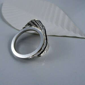 Corrugated leaf ring in sterling silver, Statement textured nature ring, Designer wrapped leaf birthday ring image 9