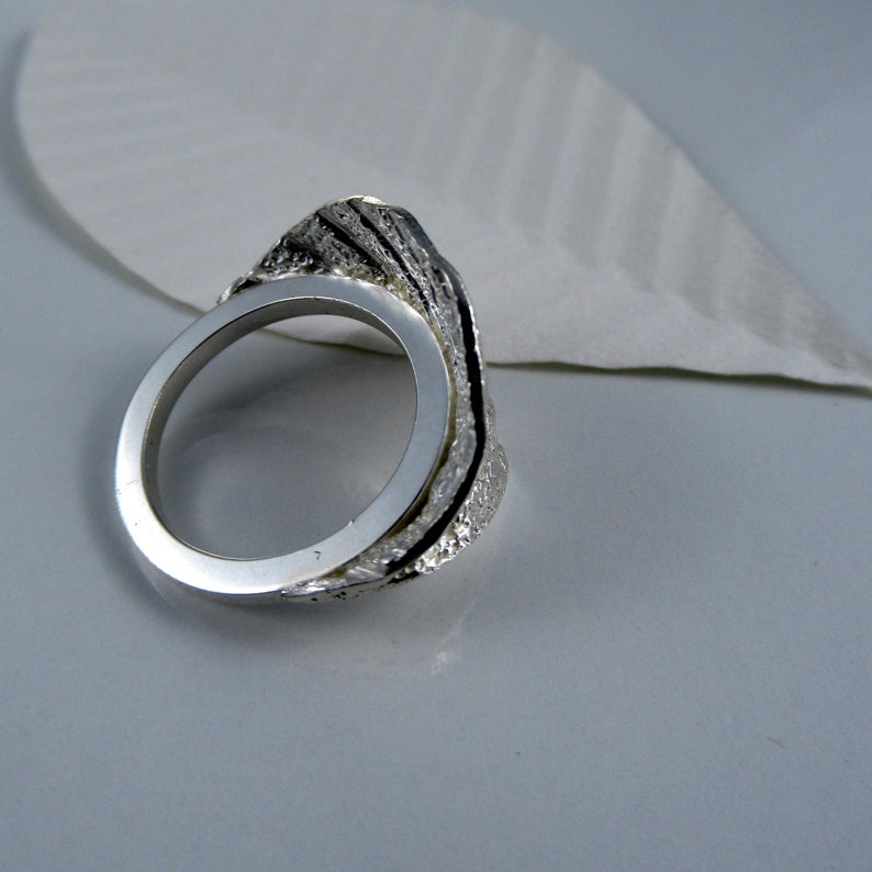 Corrugated leaf ring in sterling silver, Statement textured nature ring, Designer wrapped leaf birthday ring image 9