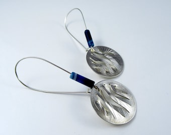 Large silver earrings with blue agate stones, Designer hand pierced circle wave drop earrings, Statement dangle earrings