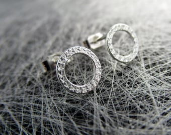 Tiny open circle post earrings in sterling silver, Handmade star textured O studs, Hammered dainty gift stud for women