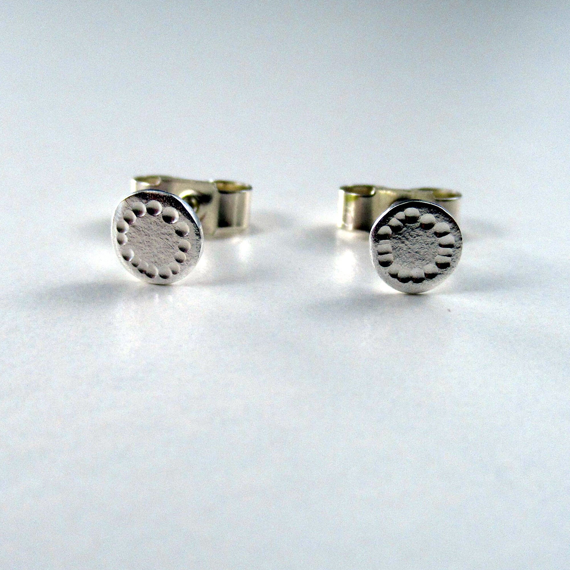 Tiny handmade silver stud earrings with hammered dots, Designer flat round studs, Cute gift for girlfriend