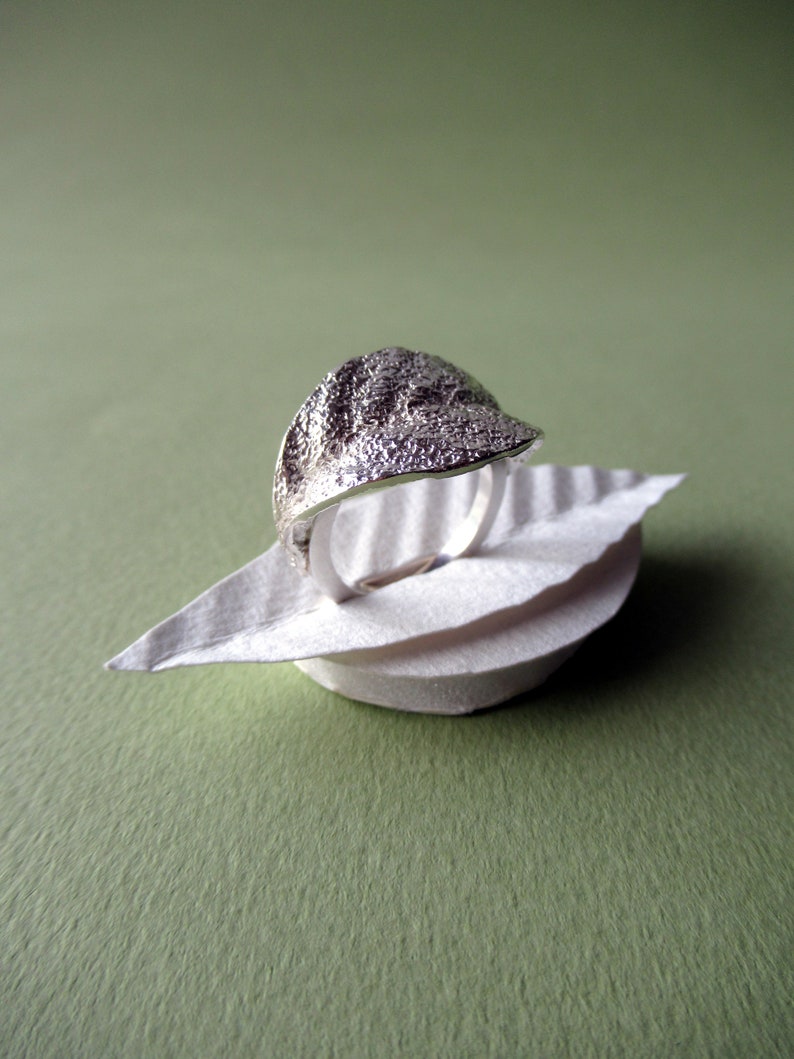 Corrugated leaf ring in sterling silver, Statement textured nature ring, Designer wrapped leaf birthday ring image 1