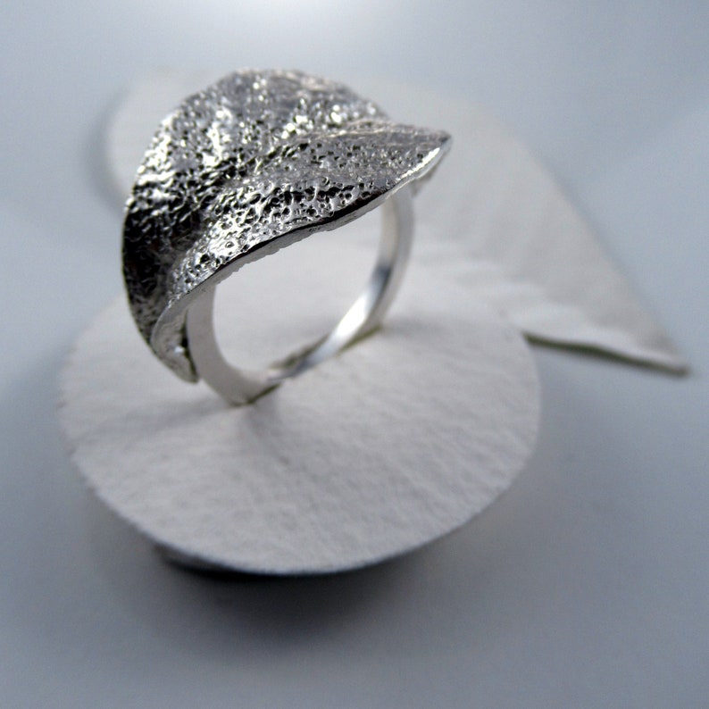 Corrugated leaf ring in sterling silver, Statement textured nature ring, Designer wrapped leaf birthday ring image 6