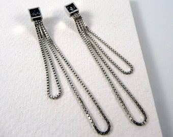 Long silver chain stud earrings with oxidised corrugated square detail, Statement drop earrings for special occassion