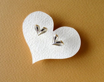 Handmade silver heart stud earrings, Solid silver folded love heart earrings, Designer present for a special occasion