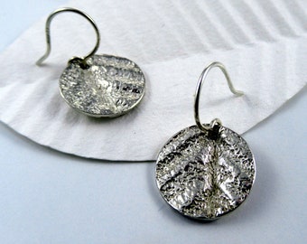 Sterling silver leaves drop earrings, Circle leaf textured hook earrings, Nature inspired gift for her birthday