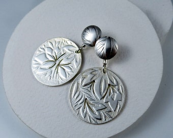 Silver Lotus earrings to wear in two ways as studs or as long dangle earrings, Large circle sterling silver post earrings