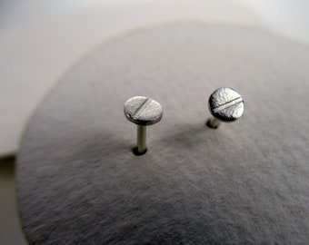 Tiny 3mm silver stud earrings with a straight line, Handmade round teeny post earrings, Affordable quality gift studs