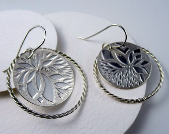 Statement lotus silver drop earrings, Artistic designer flower hook earrings, Large round dangle earrings for a special gift