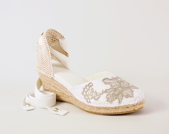 Bridal Satin Espadrilles, White Espadrilles with Silver Lace, Comfortable Wedding Sandals, Lace-Up Ankle Sandals
