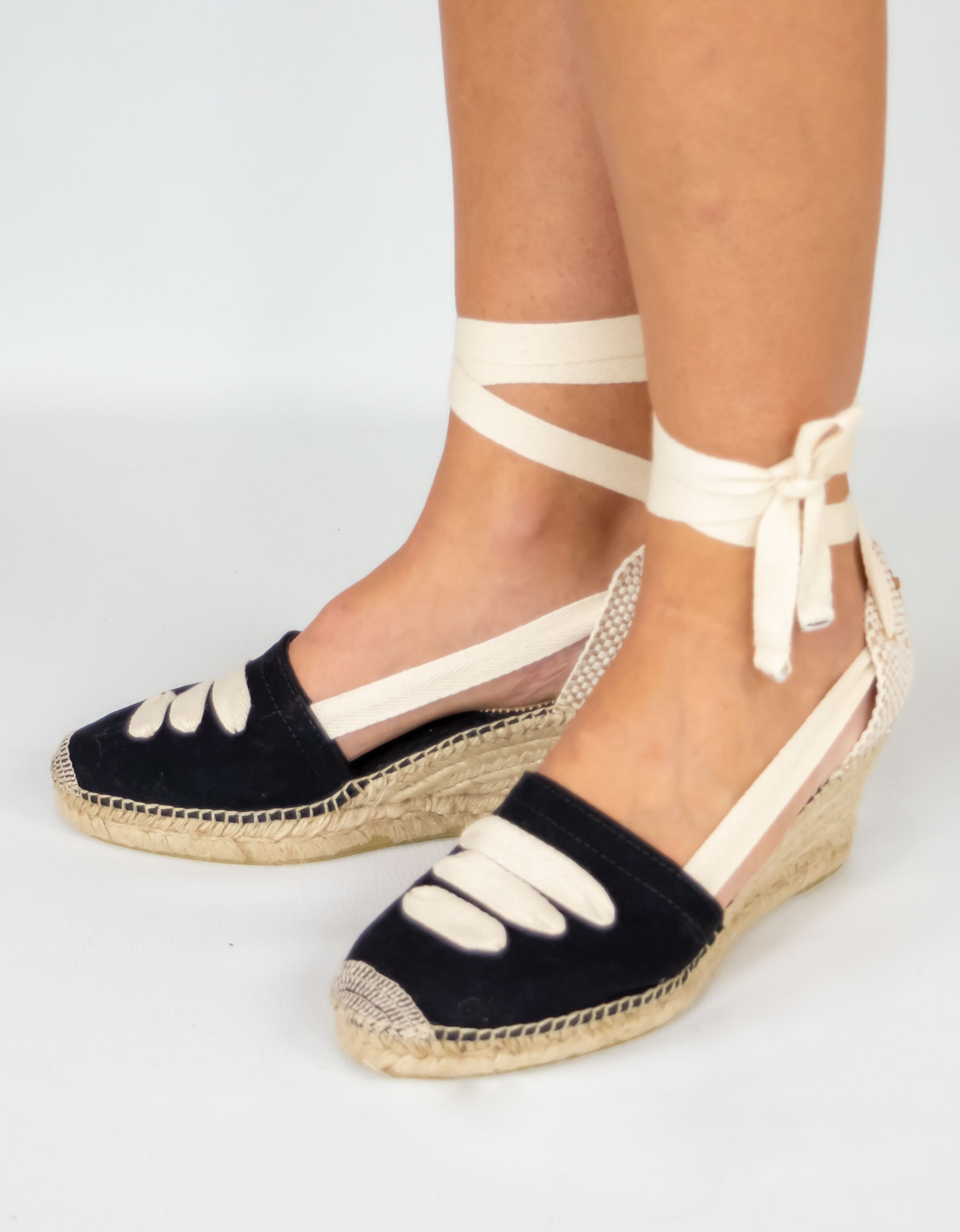 High-wedge Espadrilles Handmade With Black Fabric and Ivory White Ribbons.  - Etsy