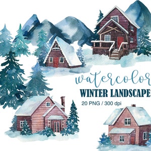 Aquarell Berg Clipart, Winter Kreis Kunst, Landschaft Clipart, Aquarell Winter Haus Clipart, Natur Clipart, Berg Hintergrund, PNG
