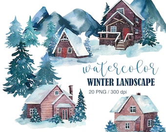 Watercolor mountain clipart, Winter circle art, Landscape clipart, Watercolor winter house clipart, Nature clipart, Mountain background, PNG