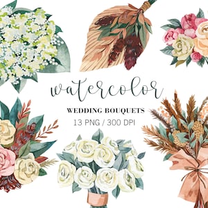 Bouquets de mariage aquarelle, Clipart mariage, décoration florale, bouquet de la mariée, PNG, faire-part de fleurs blanches, clipart bouquet, shower de bébé