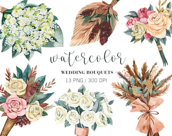Bouquet da sposa acquerellati, clipart di nozze, decorazioni floreali, bouquet da sposa, PNG, inviti con fiori bianchi, clipart di bouquet, addio al nubilato
