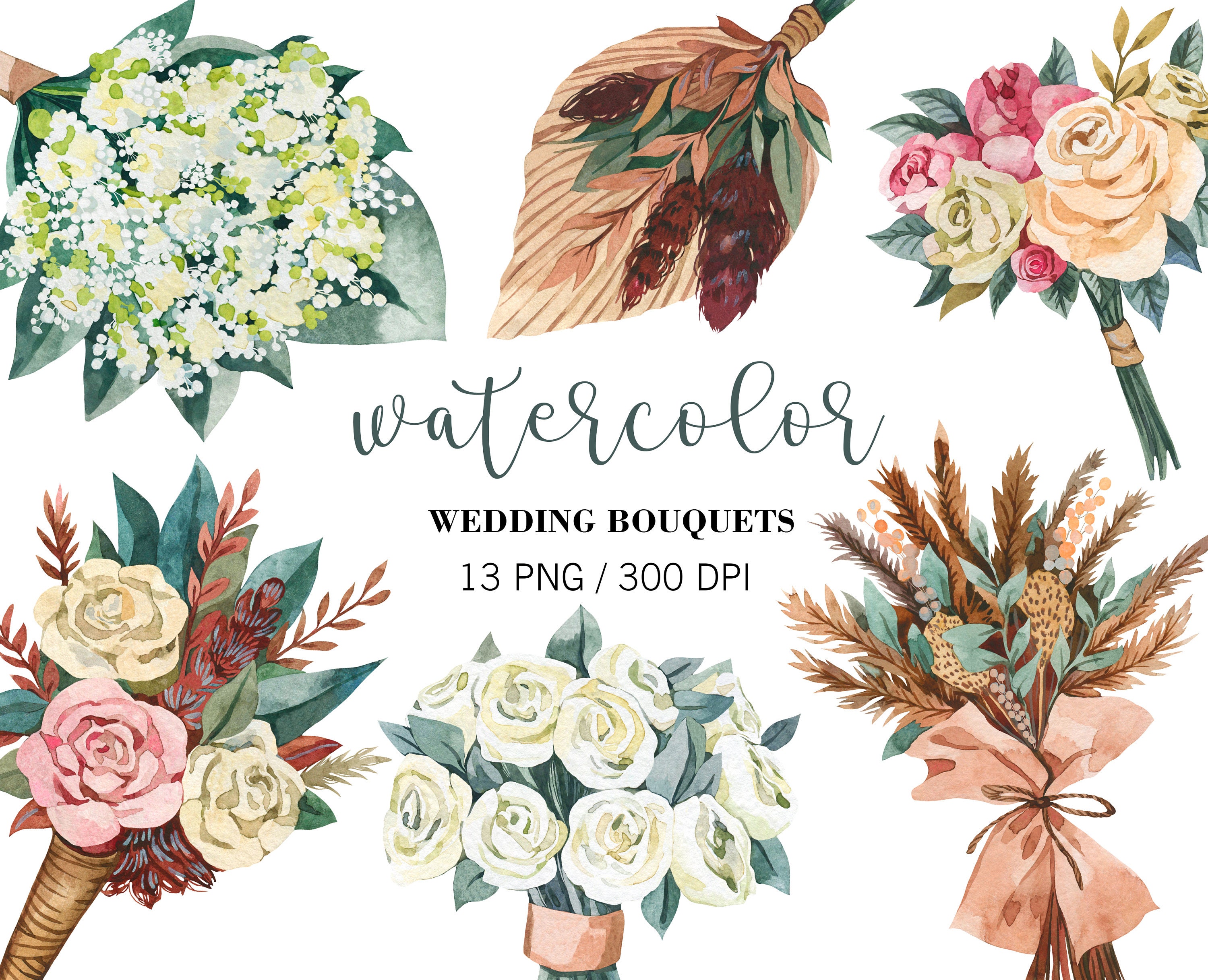 Watercolor Wedding Bouquets Wedding Clipart Floral decor | Etsy