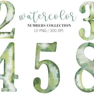 Aquarel nummers clipart, handgeschilderde nummers, groene cijfers clipart, png-bestanden, huwelijksuitnodiging, symbolen, instant download, DIY