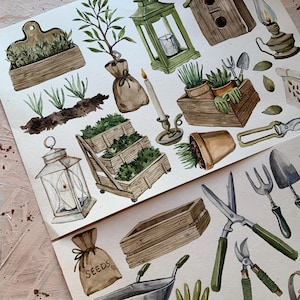 May include: Watercolor illustrations of gardening tools, plants, and garden decor.  The illustrations include a watering can, a wheelbarrow, a pair of gardening gloves, a trowel, a rake, a pair of pruning shears, a lantern, a birdhouse, a seed packet, and a wooden box.