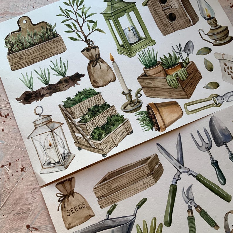 May include: Watercolor illustrations of gardening tools, plants, and garden decor.  The illustrations include a watering can, a wheelbarrow, a pair of gardening gloves, a trowel, a rake, a pair of pruning shears, a lantern, a birdhouse, a seed packet, and a wooden box.