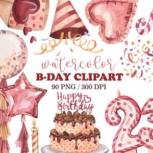Aquarell Geburtstagsparty Clipart, GROSSES SET, Geburtstagsdeko, Aquarell Luftballons, Geburtstagskuchen, Geburtstagselemente, Kerzen, Feuerwerk, PNG
