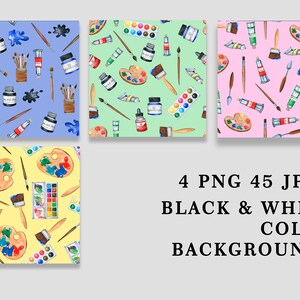 May include: Four seamless patterns featuring watercolor illustrations of art supplies, including paintbrushes, paint tubes, paint palettes, and watercolor palettes. The patterns are on blue, green, pink, and yellow backgrounds.