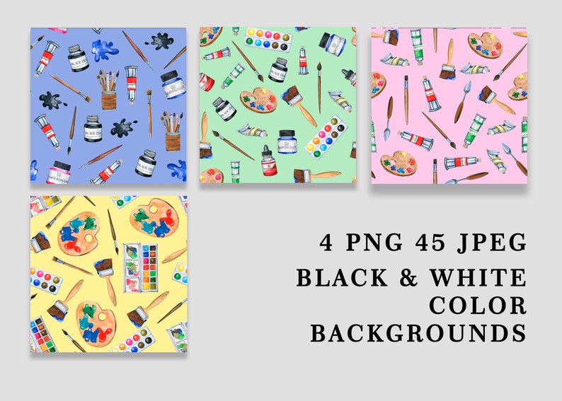 May include: Four seamless patterns featuring watercolor illustrations of art supplies, including paintbrushes, paint tubes, paint palettes, and watercolor palettes. The patterns are on blue, green, pink, and yellow backgrounds.