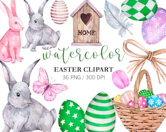 Aquarell Ostern Clipart, Osterdekoration, Osterdekoration: Osterhase, Osterhase, Eier, Korb, druckbare Datei