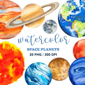 Clipart planètes aquarelles, téléchargement du système solaire, fond aquarelle de l'espace, graphiques de planètes aquarelles, Mars, Terre, Jupiter, Saturne