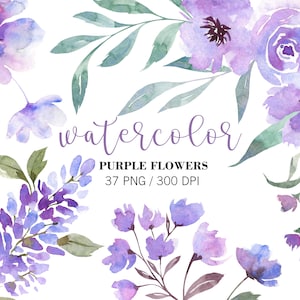 Clip floral morado de acuarela, clipart de flores, clipart de boda, gráficos nupciales, flores rosas y moradas, lavanda lila, PNG floral violeta