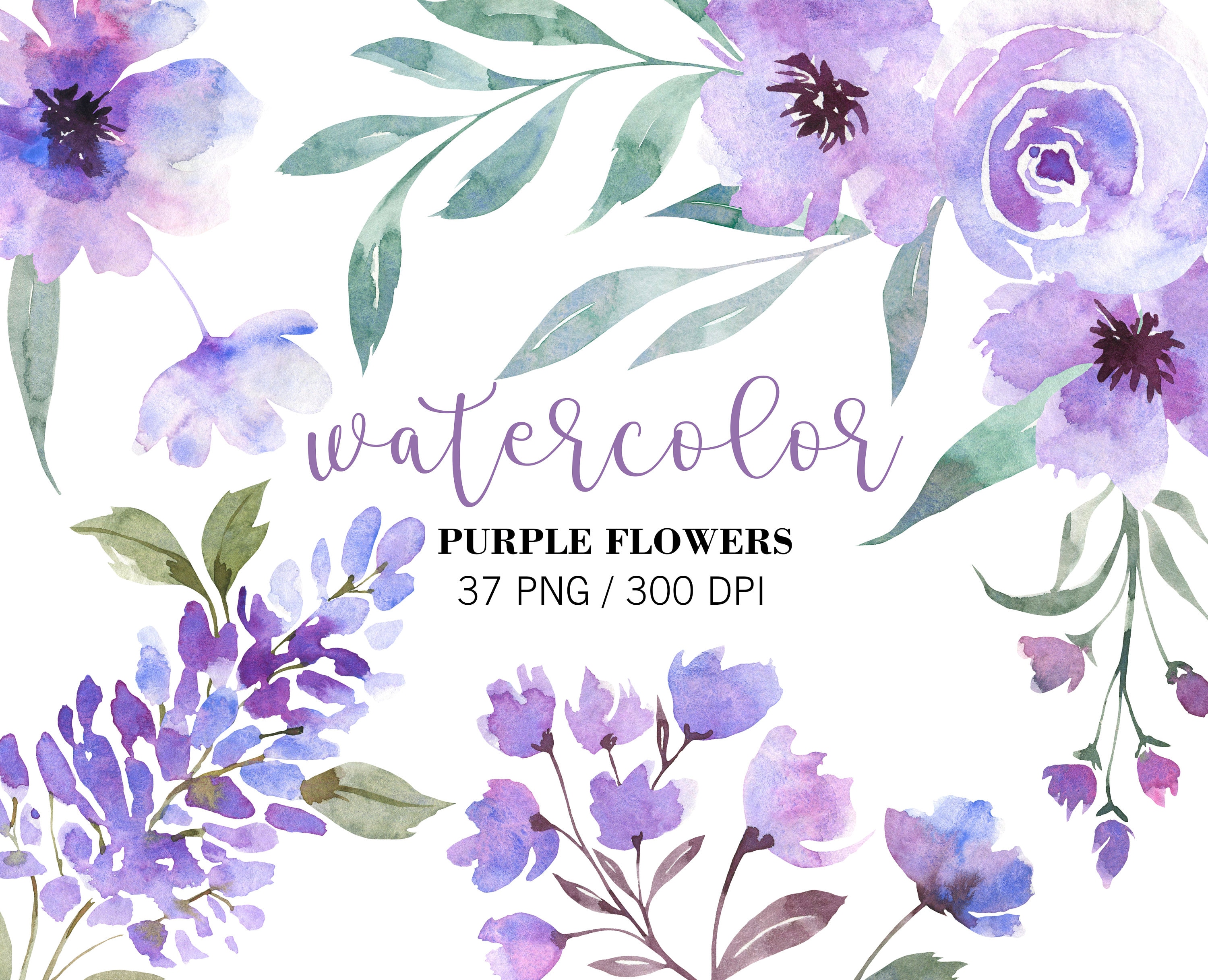 Watercolor Purple Floral Clip Flowers Clipart Wedding | Etsy